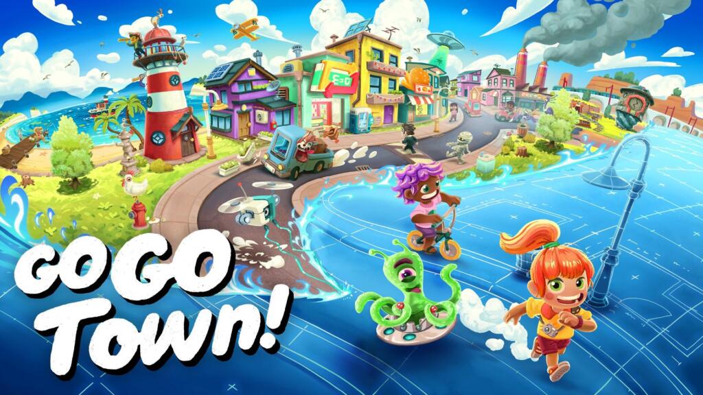 Key art di Go-Go Town!: una cittadina costiera colorata con faro e negozi, una ragazza che corre, un bambino in bicicletta e un alieno verde su una piattaforma volante.