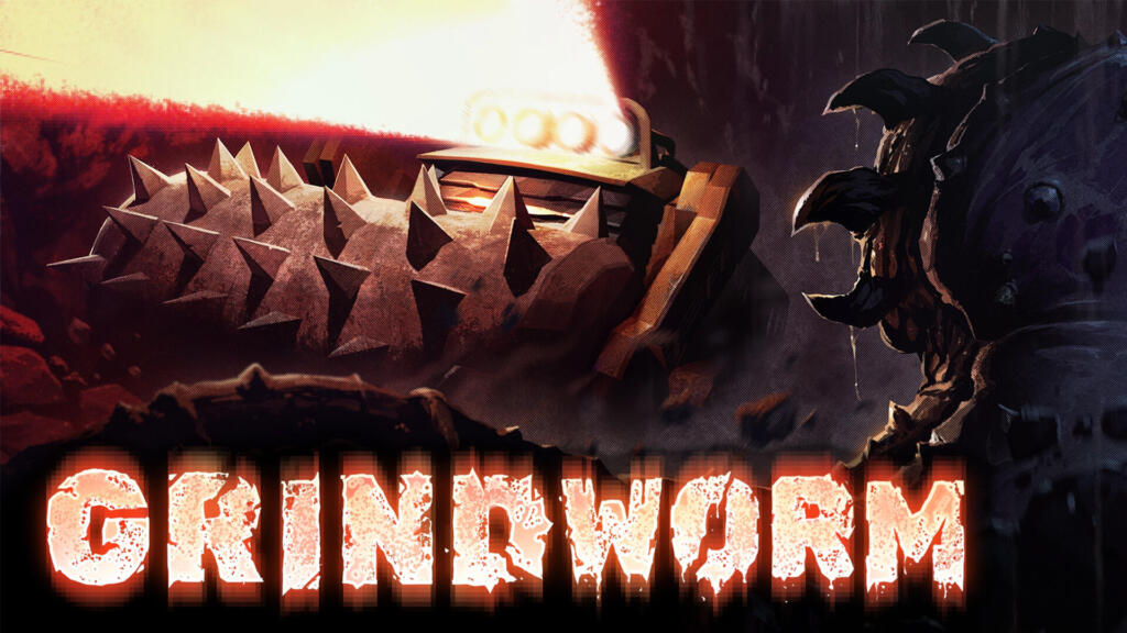 Key art ufficiale di GRINDWORM con la pesante macchina da scavo illuminata dai fari nei tunnel minerari