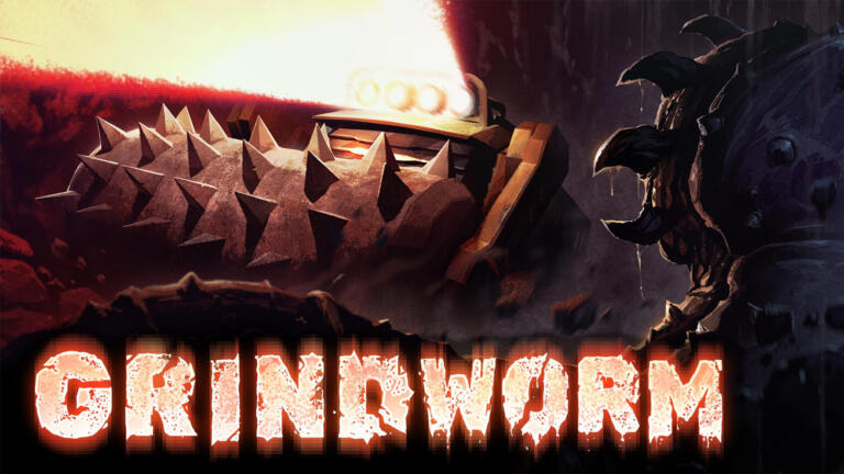 Key art ufficiale di GRINDWORM con la pesante macchina da scavo illuminata dai fari nei tunnel minerari