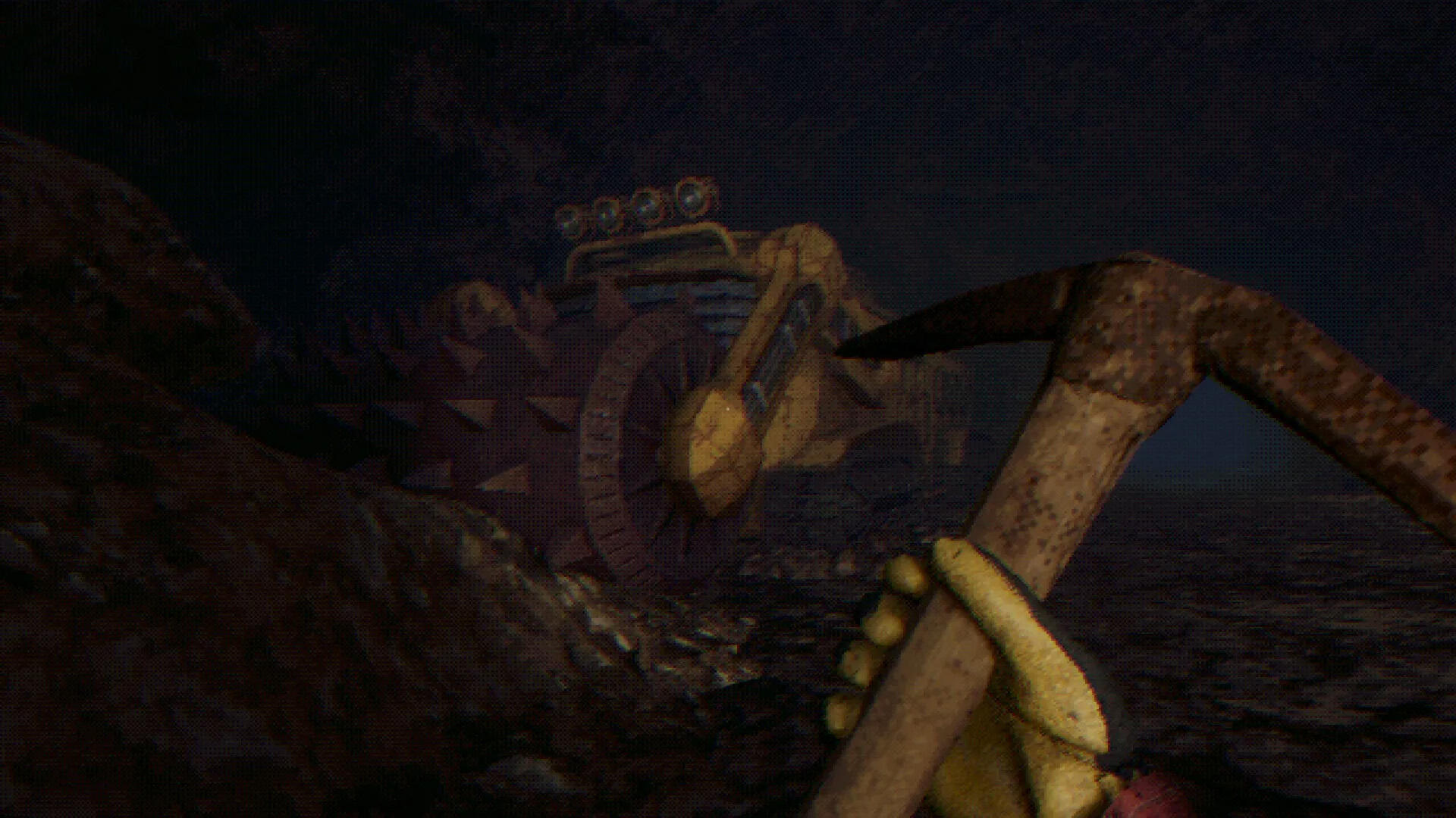 Screenshot di gameplay di GRINDWORM con la visuale dall'interno della cabina di pilotaggio lungo i cunicoli abbandonati.