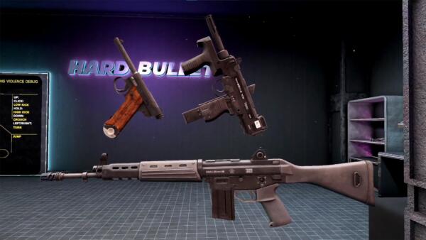 Tre armi sospese in una stanza di Hard Bullet: una pistola semiautomatica con impugnatura in legno, un mitra e un fucile d'assalto, davanti alla scritta Hard Bullet.