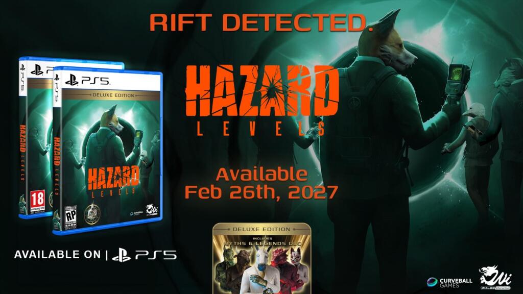 Grafica promozionale di Hazard Levels: due scatole per PS5 a sinistra, il logo arancione al centro e una volpe antropomorfa con un rilevatore davanti a un portale verde.