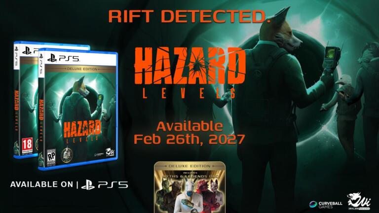 Grafica promozionale di Hazard Levels: due scatole per PS5 a sinistra, il logo arancione al centro e una volpe antropomorfa con un rilevatore davanti a un portale verde.