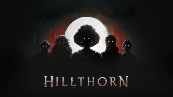 Sagome di personaggi con gli occhi luminosi davanti a una luna piena, sopra il logo di Hillthorn.