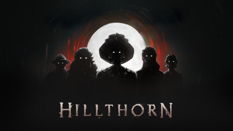 Sagome di personaggi con gli occhi luminosi davanti a una luna piena, sopra il logo di Hillthorn.
