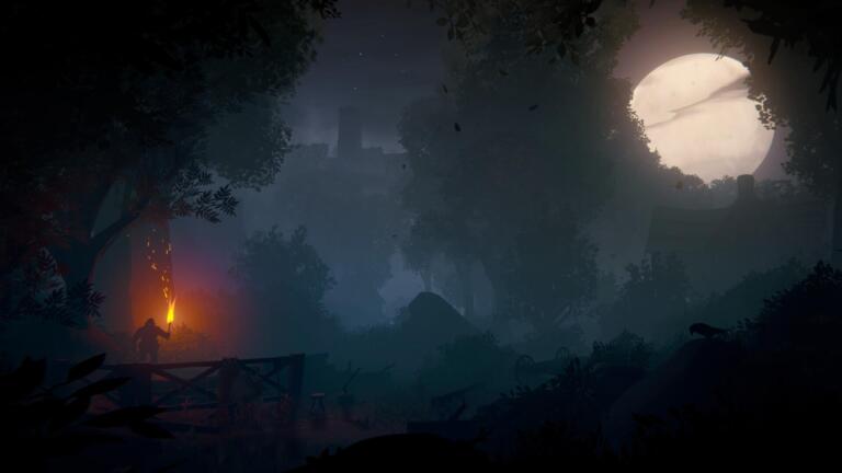 Schermata di gioco notturna in Hunter's Moon su PlayStation 5