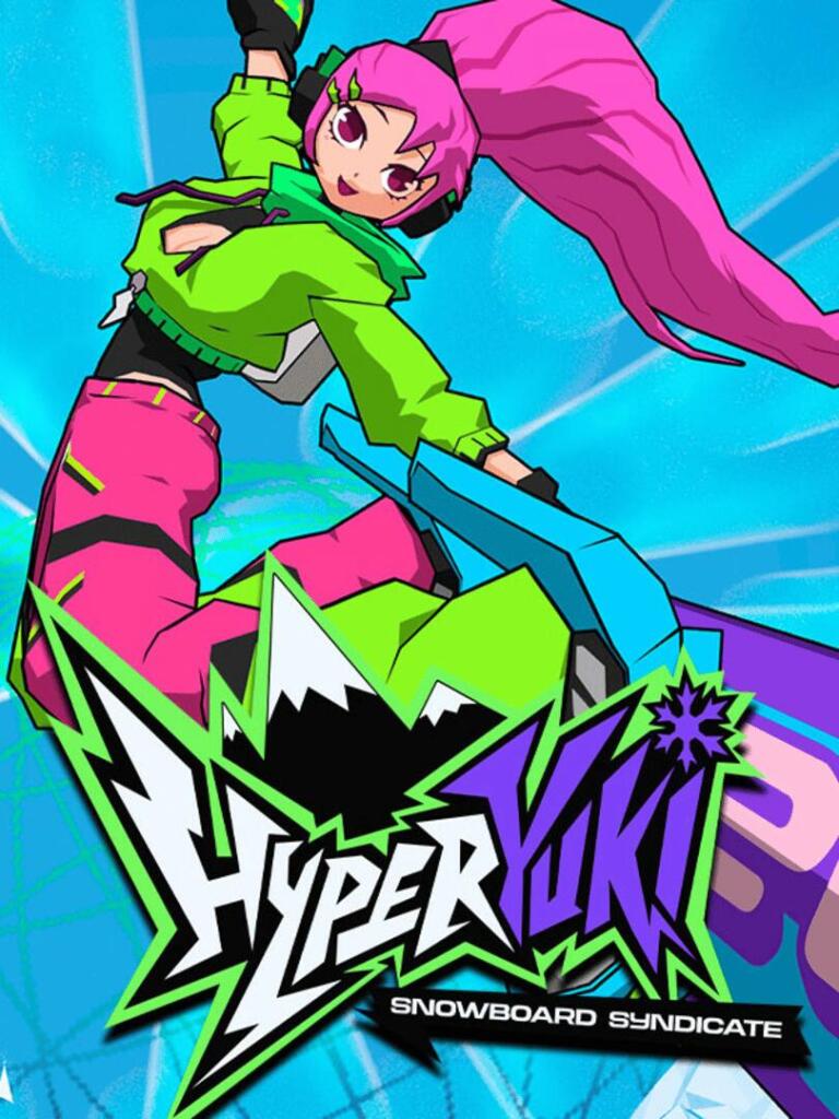 Una snowboarder con i capelli rosa e una giacca verde in salto, con il logo di HYPERyuki: Snowboard Syndicate.