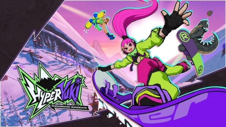 Una snowboarder dai capelli rosa su una tavola in un paesaggio innevato, accanto al logo di HyperYuki: Snowboard Syndicate.