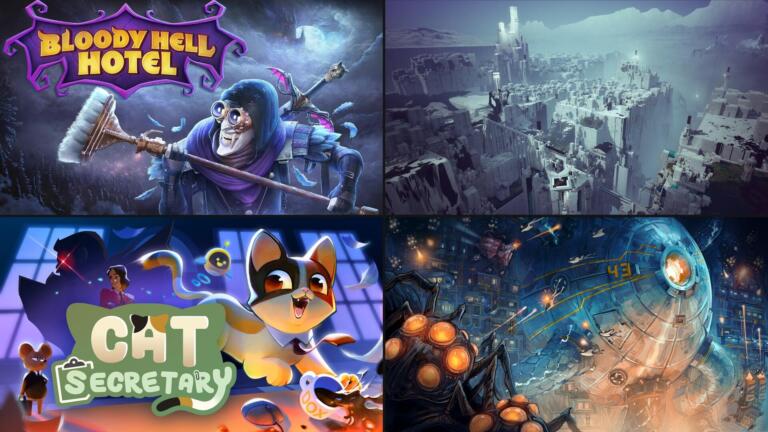 Collage di quattro videogiochi indie: Bloody Hell Hotel con un vampiro che regge una scopa, le costruzioni grigie di Hypnos nella nebbia, Cat Secretary con un gatto in ufficio e Wall World Strategy con creature simili a ragni davanti a un grande macchinario circolare.