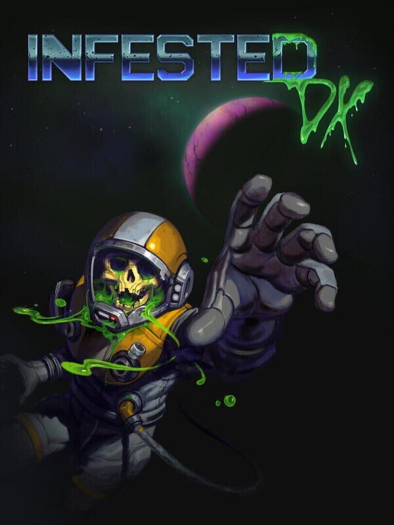 Un astronauta con il casco giallo e un teschio avvolto da liquido verde allunga una mano nello spazio, sotto il logo di Infested DX.