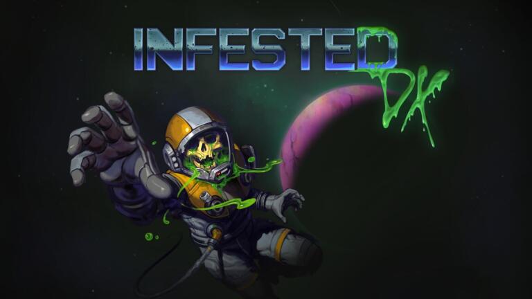 Un astronauta con il casco giallo e un teschio avvolto da liquido verde allunga una mano nello spazio, sotto il logo di Infested DX.