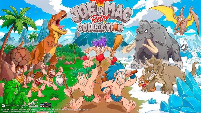 Key art ufficiale di Joe & Mac Retro Collection con i protagonisti Joe, Mac e Congo affiancati dai loghi delle piattaforme supportate.