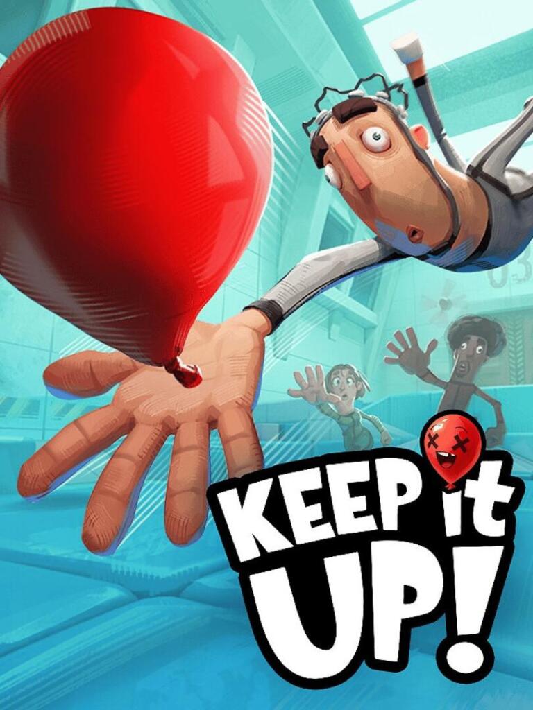Un uomo in volo, un grosso palloncino rosso su una mano aperta e due personaggi sullo sfondo, con il logo di Keep It Up!