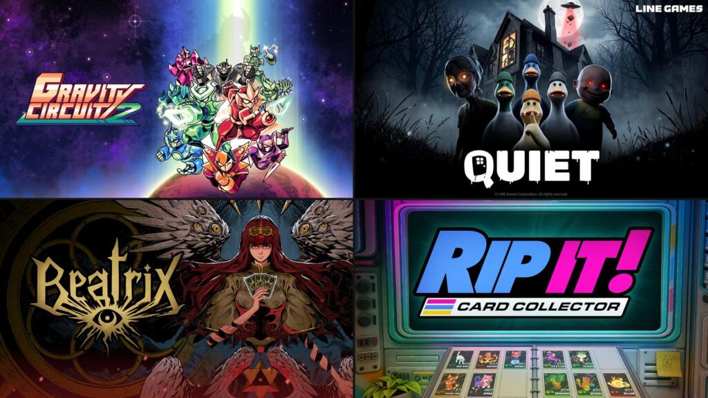 Collage di quattro videogiochi: i personaggi di Gravity Circuit 2 nello spazio, le papere di Quiet davanti a una casa infestata, la protagonista di Beatrix con le carte in mano e la postazione per aprire le bustine di Rip It! Card Collector.