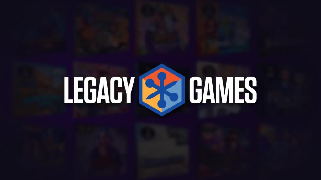 Logo ufficiale di Legacy Games in primo piano con il catalogo dei videogiochi sullo sfondo