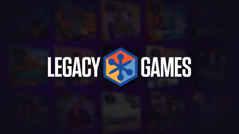 Logo ufficiale di Legacy Games in primo piano con il catalogo dei videogiochi sullo sfondo