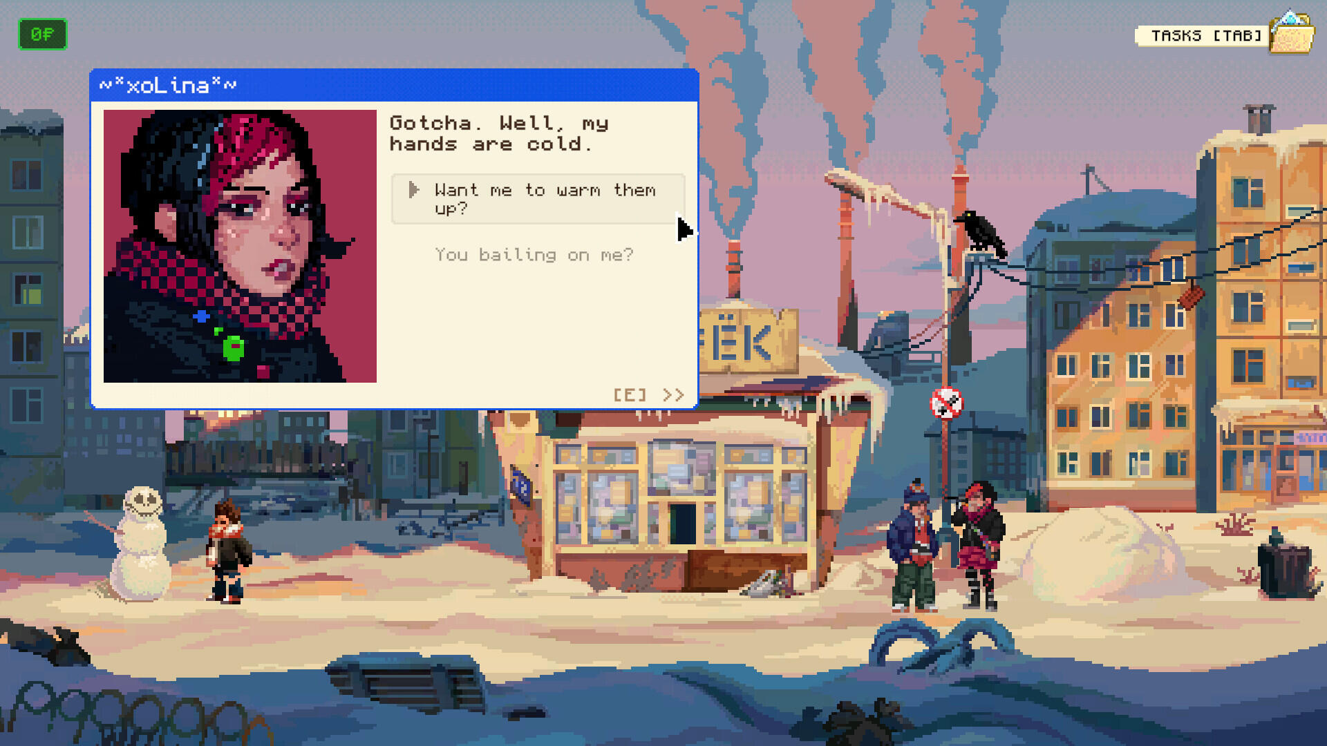 Screenshot in-game di Lenin Street Geek Shop con un dialogo narrativo a bivi in pixel art lungo una strada innevata.