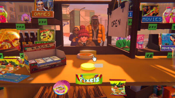 Screenshot gameplay in prima persona di Lenin Street Geek Shop che mostra il bancone del chiosco con giochi, snack e clienti in attesa alla finestra