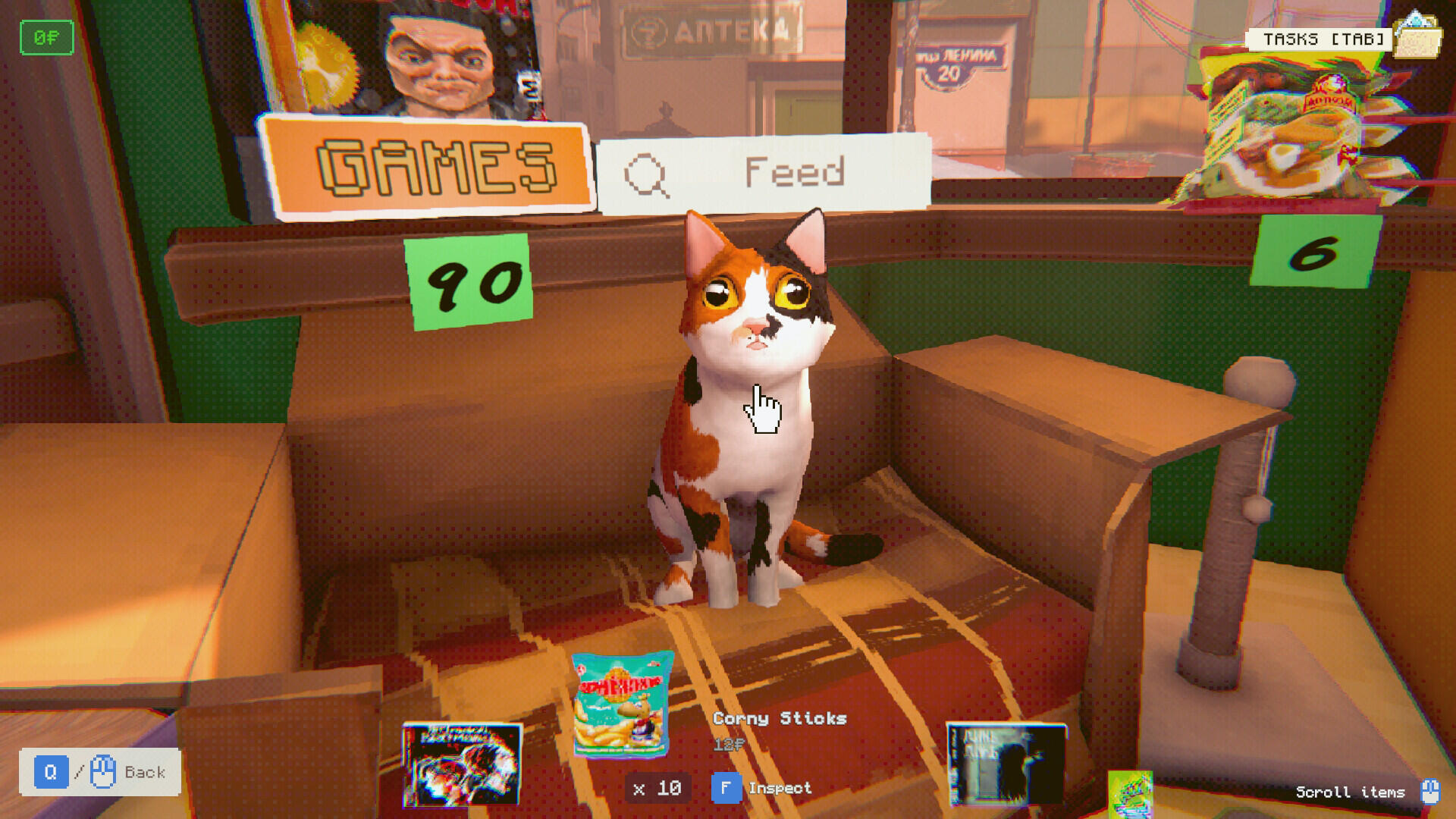 Screenshot gameplay di Lenin Street Geek Shop che mostra il gatto mascotte da nutrire nel chiosco vicino alla cassa.