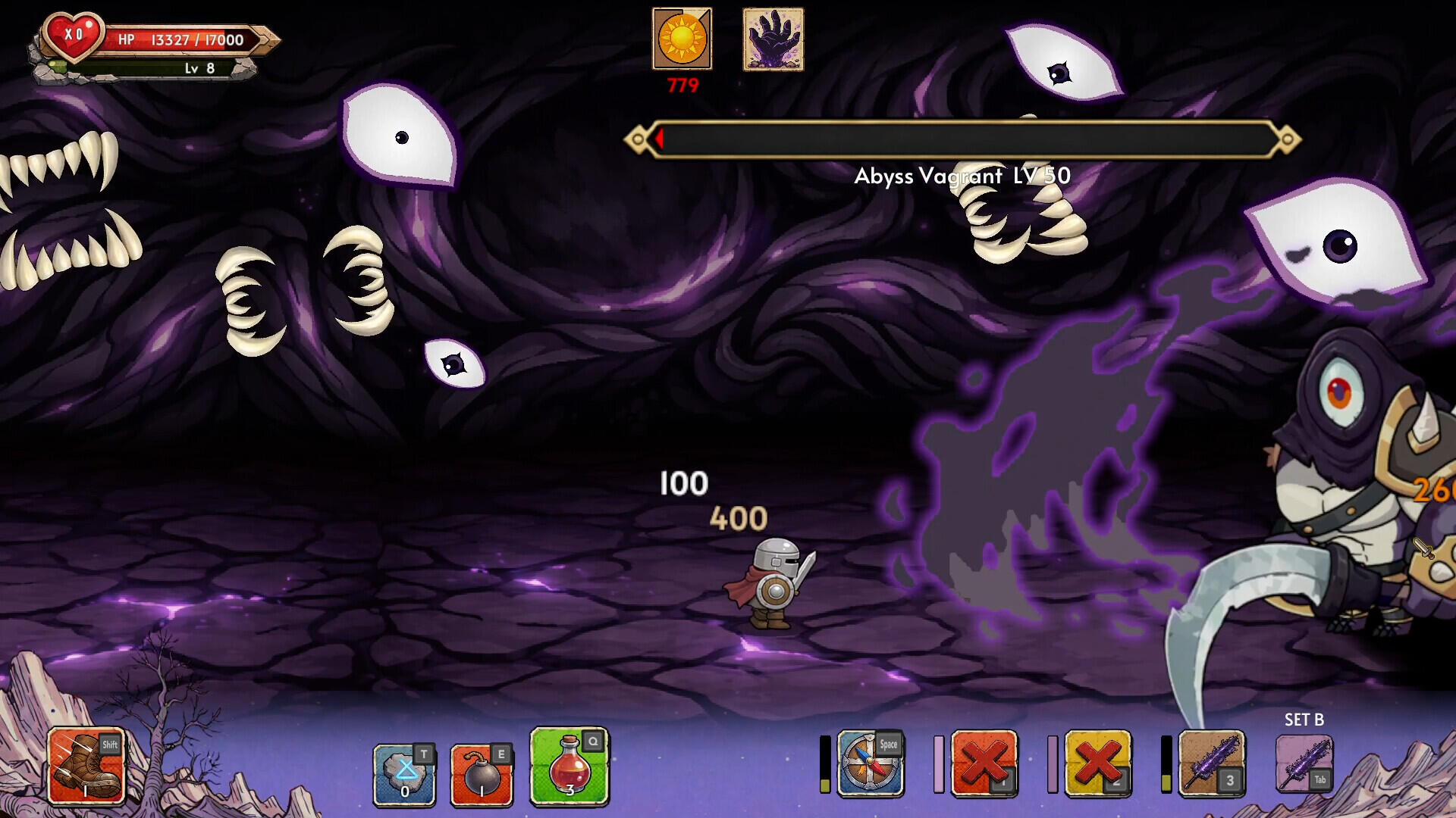 Screenshot di gameplay di Lostbound con il cavaliere protagonista impegnato a fronteggiare l'Abyss Vagrant e le sue fauci oscure.
