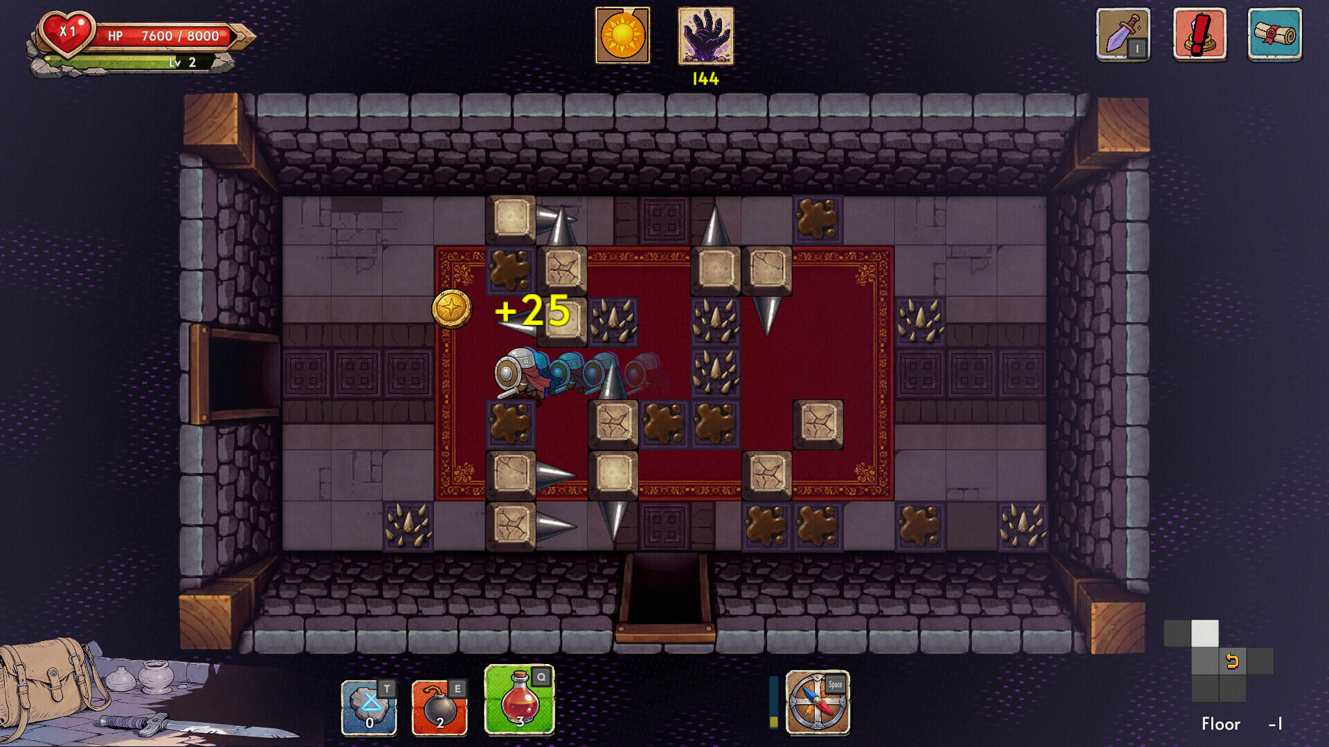 Screenshot in-game di Lostbound ambientato in una stanza dungeon con pavimentazione pericolante, spuntoni metallici e monete.