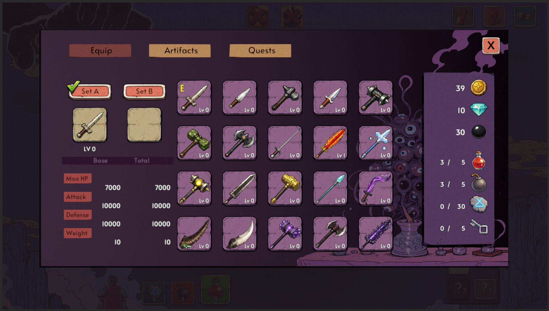 Schermata di gioco di Lostbound che illustra la schermata dell'inventario con armi, artefatti sbloccati, statistiche e valute.