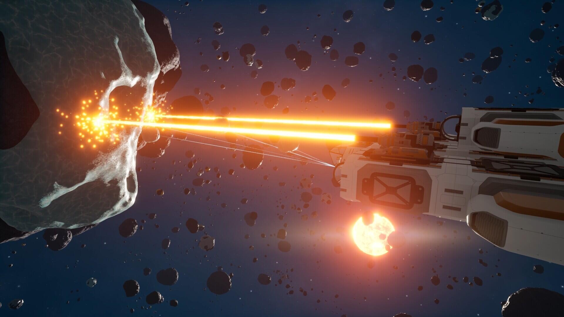 Una nave spaziale colpisce un asteroide con un raggio laser arancione in una fascia di asteroidi.