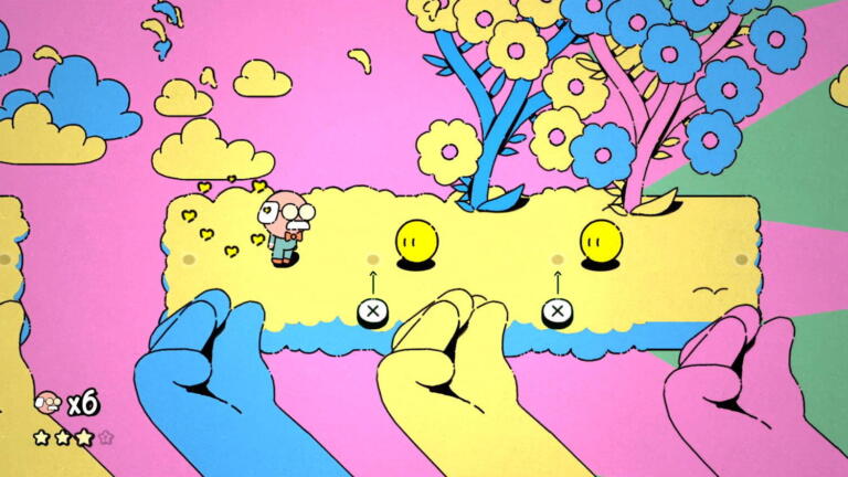 George cammina su una piattaforma gialla sorretta da grandi mani colorate, su uno sfondo rosa, in una scena di MR. RECORDS.