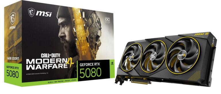 Scheda video MSI GeForce RTX 5080 nera e gialla con tre ventole accanto alla confezione di Call of Duty: Modern Warfare 4.