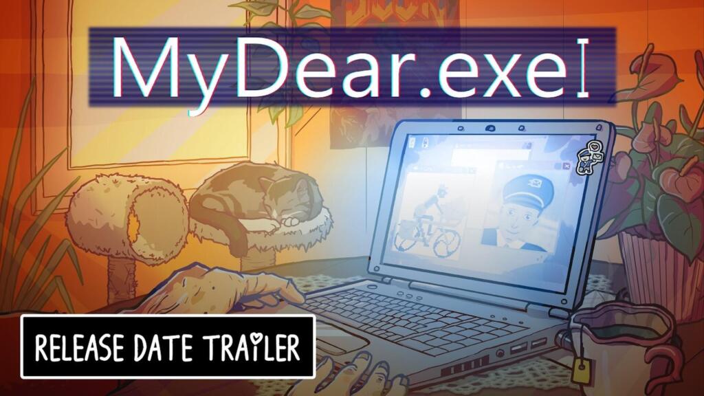 Artwork promozionale in 16:9 di MyDear.exe che mostra l'interfaccia retro di un sistema operativo con icone colorate e finestre di dialogo