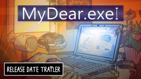 Artwork promozionale in 16:9 di MyDear.exe che mostra l'interfaccia retro di un sistema operativo con icone colorate e finestre di dialogo