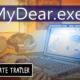 Artwork promozionale in 16:9 di MyDear.exe che mostra l'interfaccia retro di un sistema operativo con icone colorate e finestre di dialogo