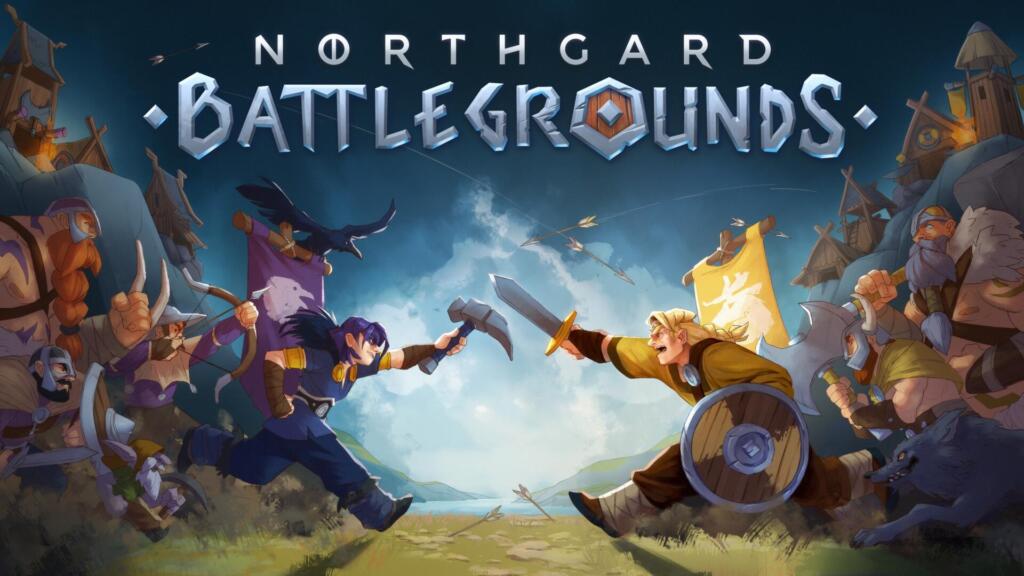 Key art ufficiale di Northgard Battlegrounds che ritrae lo scontro frontale tra i clan vichinghi guidati da Liv e Brand con i rispettivi stendardi di fazione.