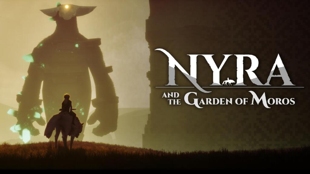 Una figura a cavallo di spalle davanti a un gigantesco Custode di pietra, con il logo di Nyra and the Garden of Moros.