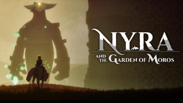 Una figura a cavallo di spalle davanti a un gigantesco Custode di pietra, con il logo di Nyra and the Garden of Moros.