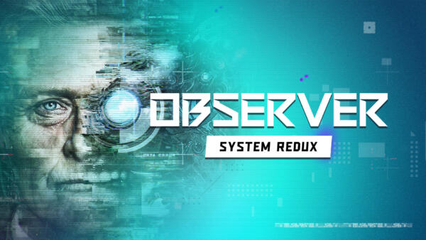 Volto in stile glitch con un occhio cibernetico luminoso, accanto al logo di Observer System Redux su sfondo turchese.