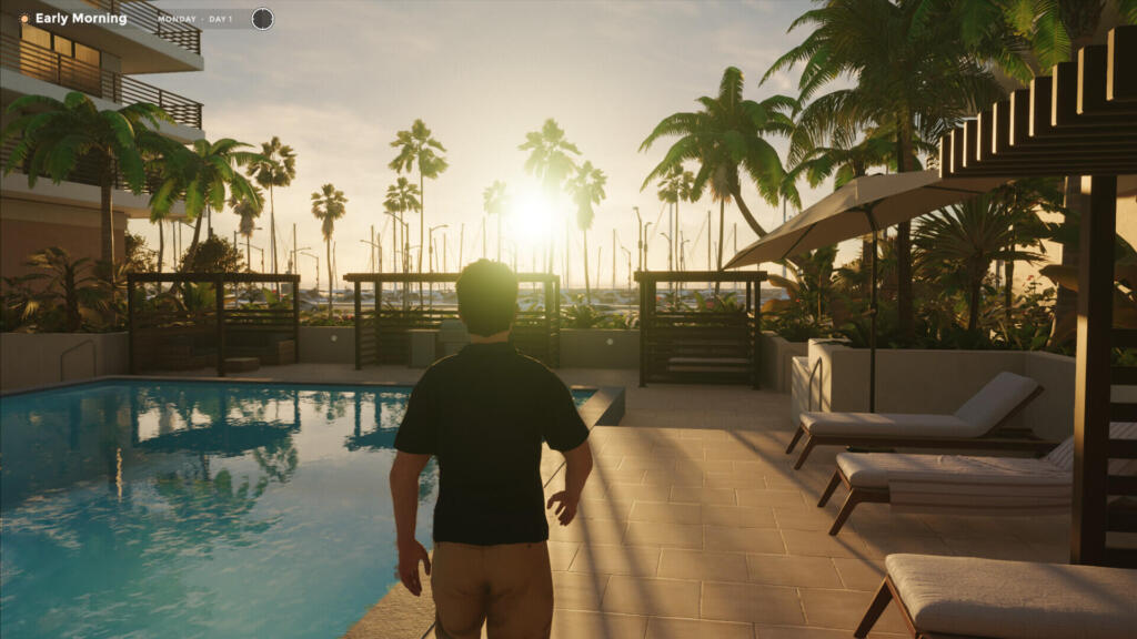 Screenshot di Office Party: il personaggio del giocatore, visto di spalle, guarda la piscina del condominio di mattina presto, tra palme e lettini.