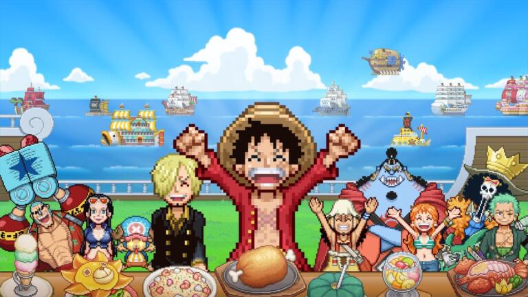 Rufy con il cappello di paglia e le braccia alzate, insieme ad altri membri della ciurma in pixel art, con piatti sul tavolo e navi sul mare alle spalle.