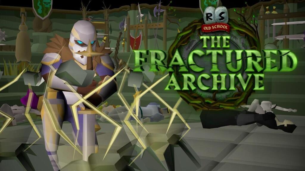 Un guerriero in armatura bianca e viola con gli occhi azzurri colpisce un nemico, con il logo The Fractured Archive di Old School RuneScape sulla destra.