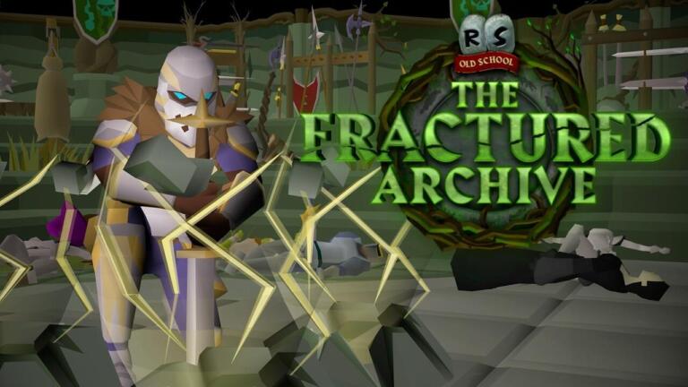 Un guerriero in armatura bianca e viola con gli occhi azzurri colpisce un nemico, con il logo The Fractured Archive di Old School RuneScape sulla destra.