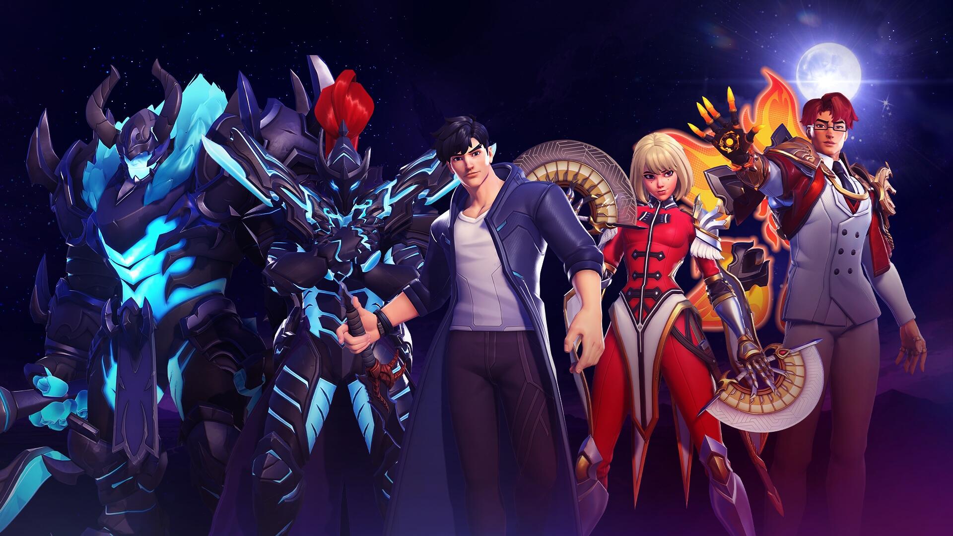 Artwork promozionale ufficiale della collaborazione Overwatch x Monarca delle Ombre con i modelli a tema dell'anime Solo Leveling.