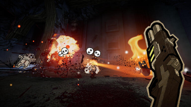 Screenshot in-game ufficiale di PAPERHEAD con ambientazione in cartone e combattimento in prima persona