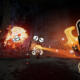 Screenshot in-game ufficiale di PAPERHEAD con ambientazione in cartone e combattimento in prima persona