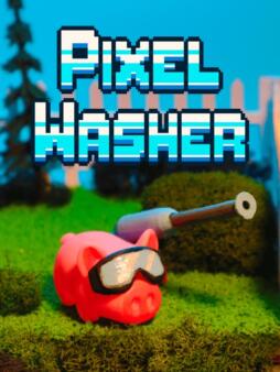Un maialino rosa con gli occhialoni e un'idropulitrice su un prato in pixel art, con il logo di Pixel Washer.