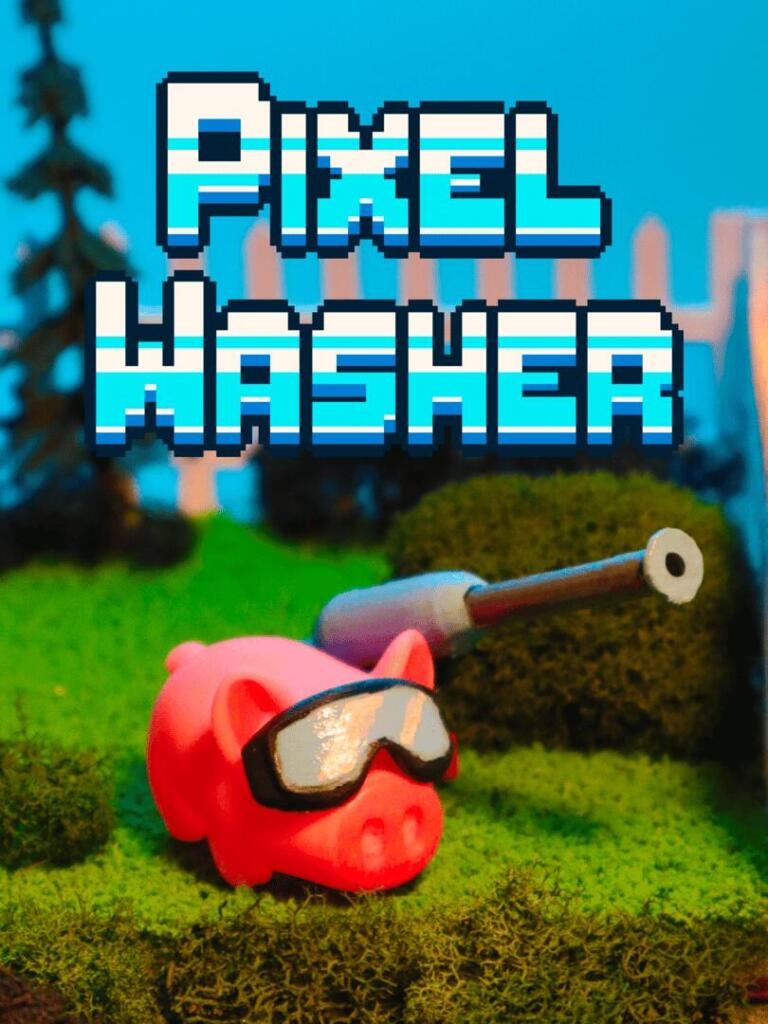Un maialino rosa con gli occhialoni e un'idropulitrice su un prato in pixel art, con il logo di Pixel Washer.