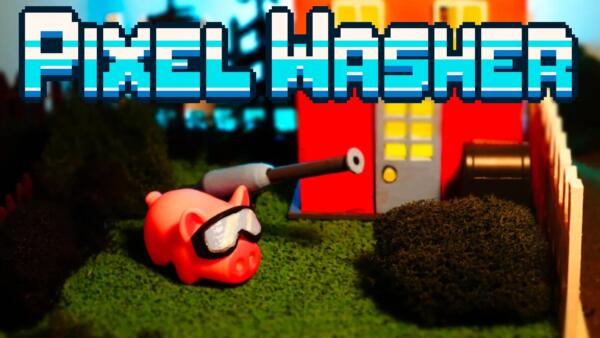Un maialino rosa con occhialini e un'idropulitrice in un giardino in miniatura davanti a una casa rossa, sotto il logo di Pixel Washer.