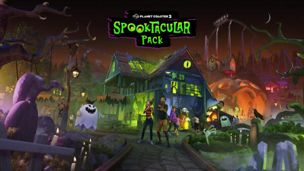 Parco divertimenti di Halloween di notte con una casa stregata dalle luci verdi, un fantasma con la corona, zucche giganti, montagne russe sullo sfondo e il logo dello Spooktacular Pack.