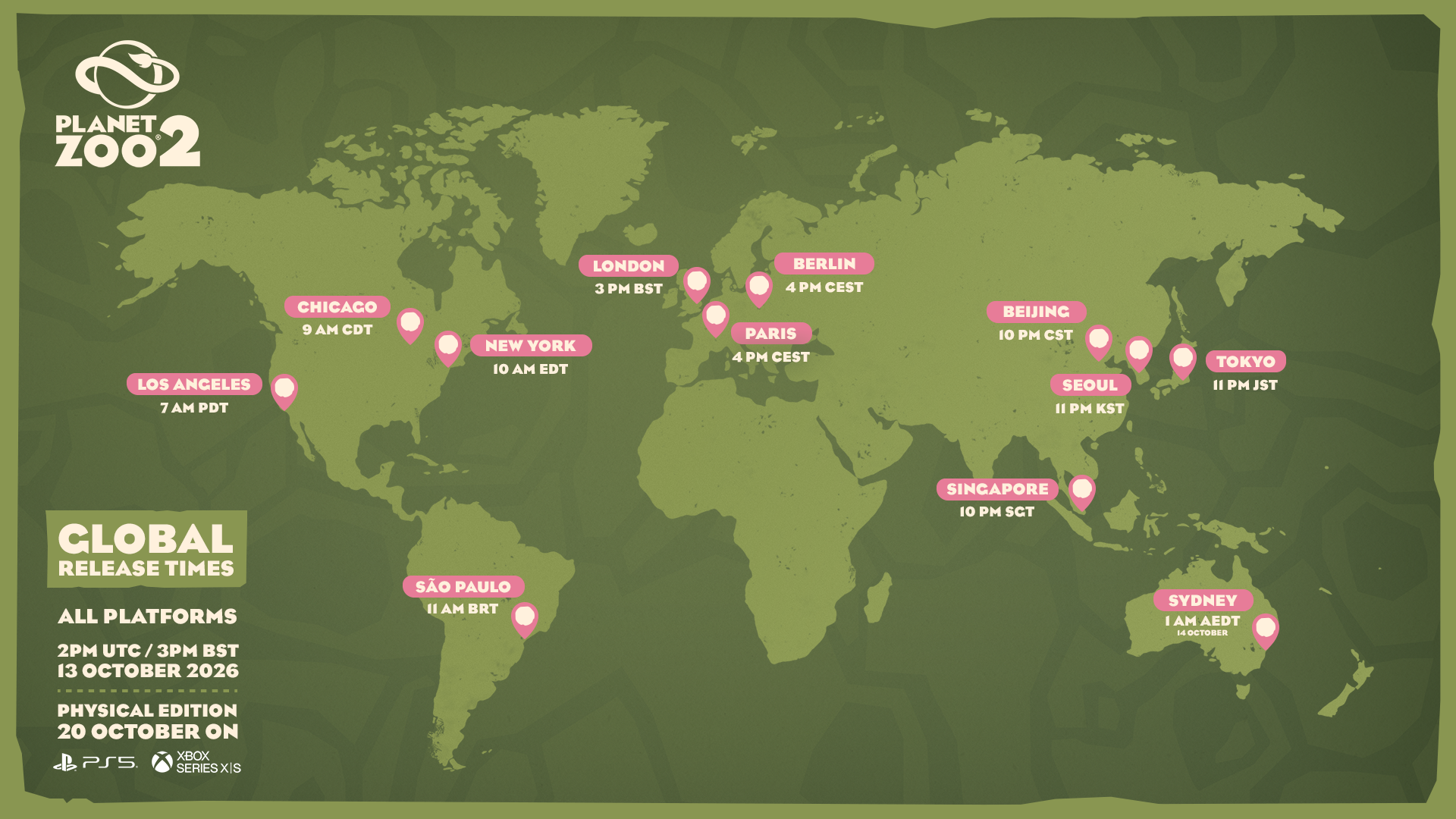 Infografica ufficiale con la mappa globale degli orari di sblocco per Planet Zoo 2 su PC
