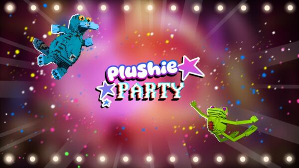 Key art di Plushie Party: il logo del gioco al centro e due peluche, uno azzurro e uno verde, che volano tra luci e coriandoli.