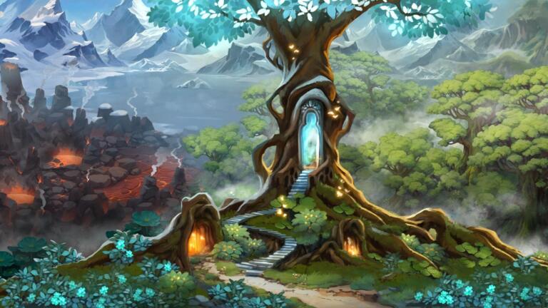 Illustrazione fantasy di un grande albero con una porta luminosa e una scala, tra una zona vulcanica a sinistra e una foresta verde con montagne innevate.